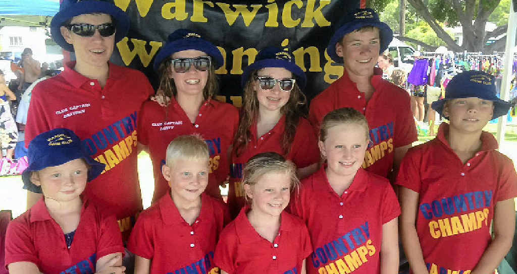 Warwick Swimming Club members (front, from left) Abigail Skaines, Liam Vickers, Gemma Vickers, Larissa Vickers, Caitlin Skaines, (back) Brayden Fearby, Dimity Brackin, Sarah Kane and Jonathon Skaines. Warwick Swimming Club members (front, from left) Abigail Skaines, Liam Vickers, Gemma Vickers, Larissa Vickers, Caitlin Skaines, (back) Brayden Fearby, Dimity Brackin, Sarah Kane and Jonathon Skaines.